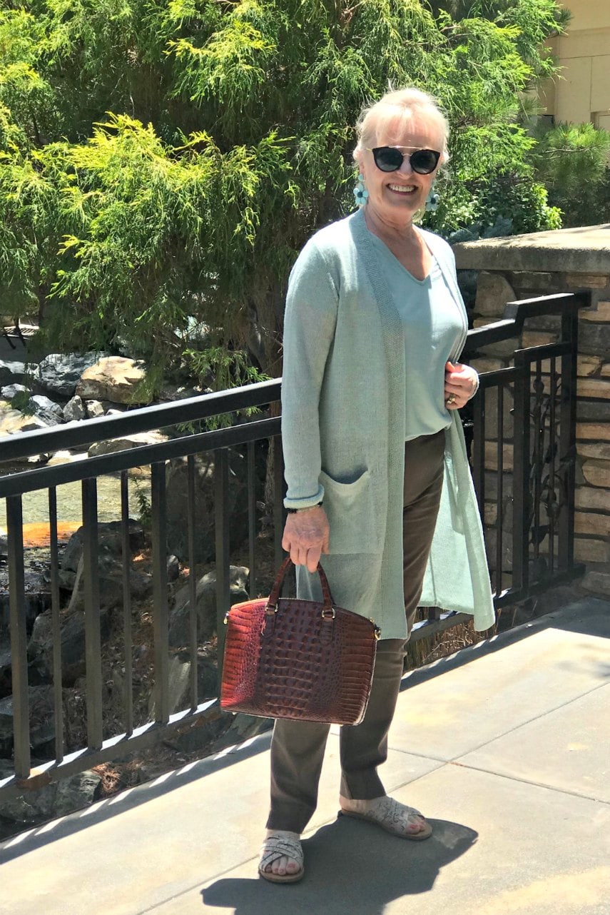 long sea green sweater and brown pants from J.Jill