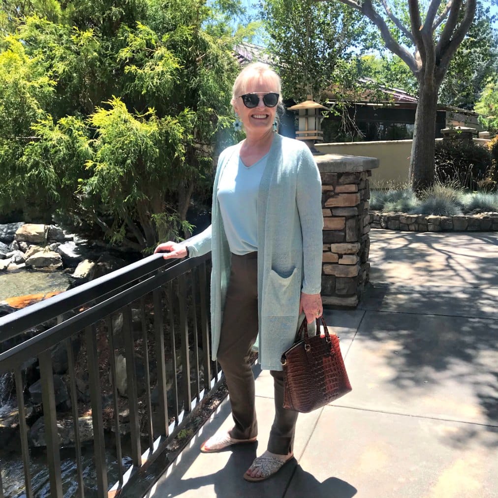 Jennifer Connolly wearing casual sweater and pants from J. Jill