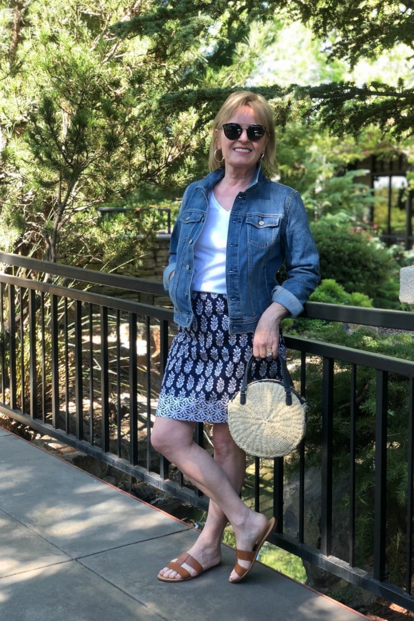 petite over 50 blogger wearing Talbots denim jacket and cotton skirt