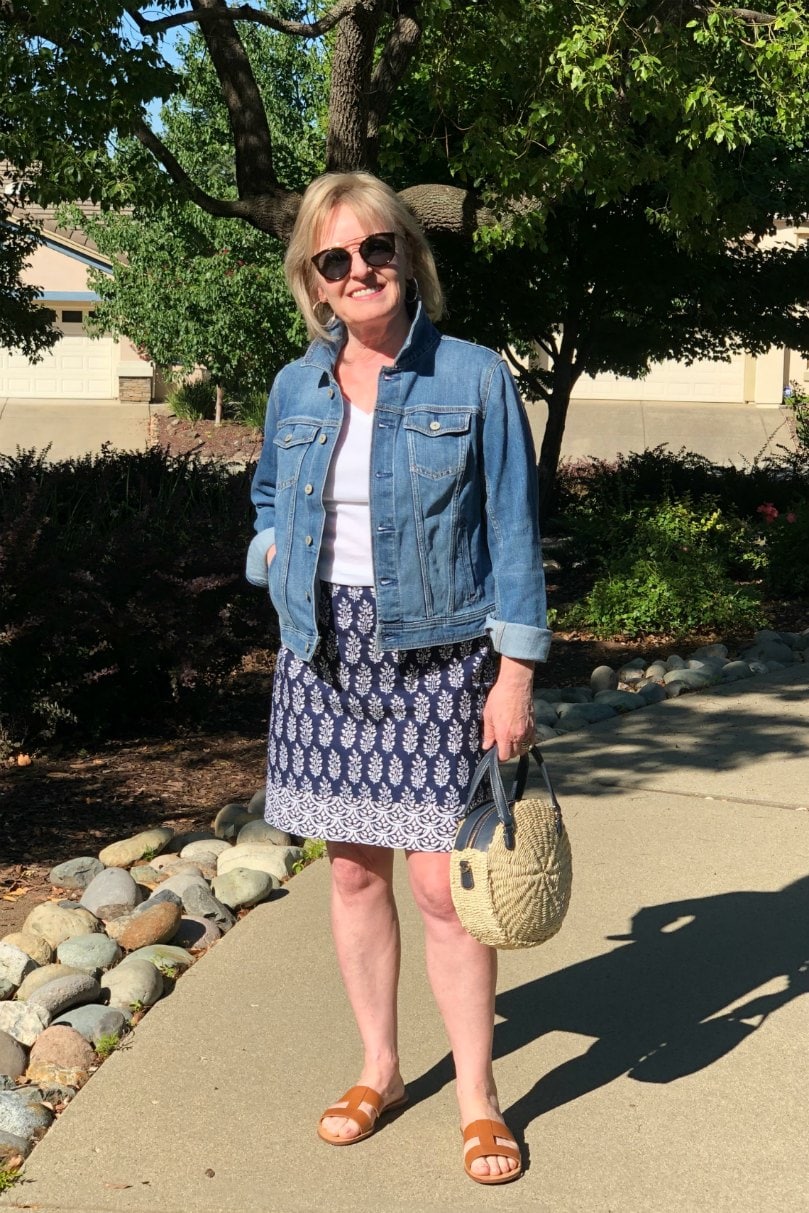 denim jacket and blue cotton skirt on Jennifer Connolly