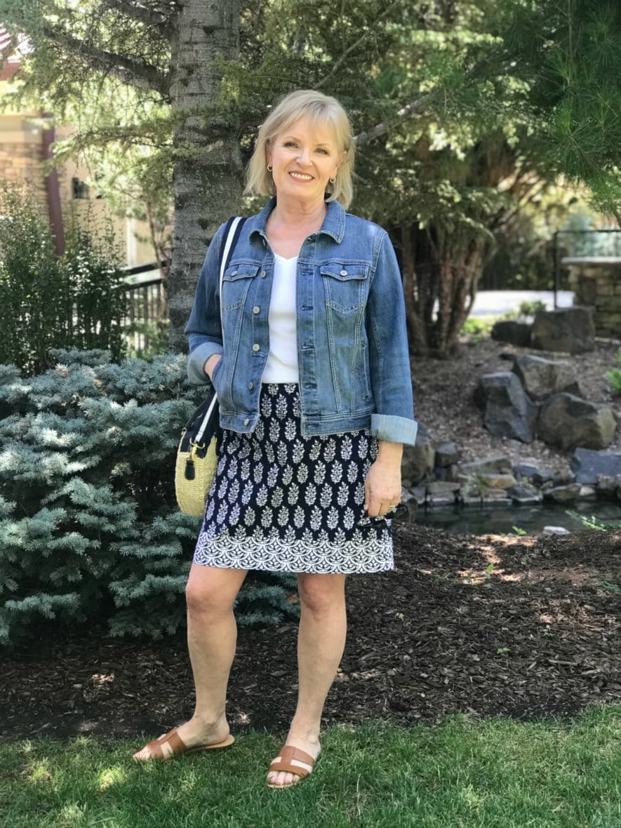 Jennifer Connolly wearing Talbots denim jacket and cotton geo print skirt