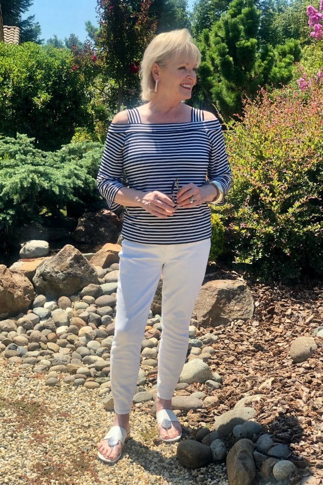 striped top and white jeans on Jennifer Connolly of A Well Styled Life
