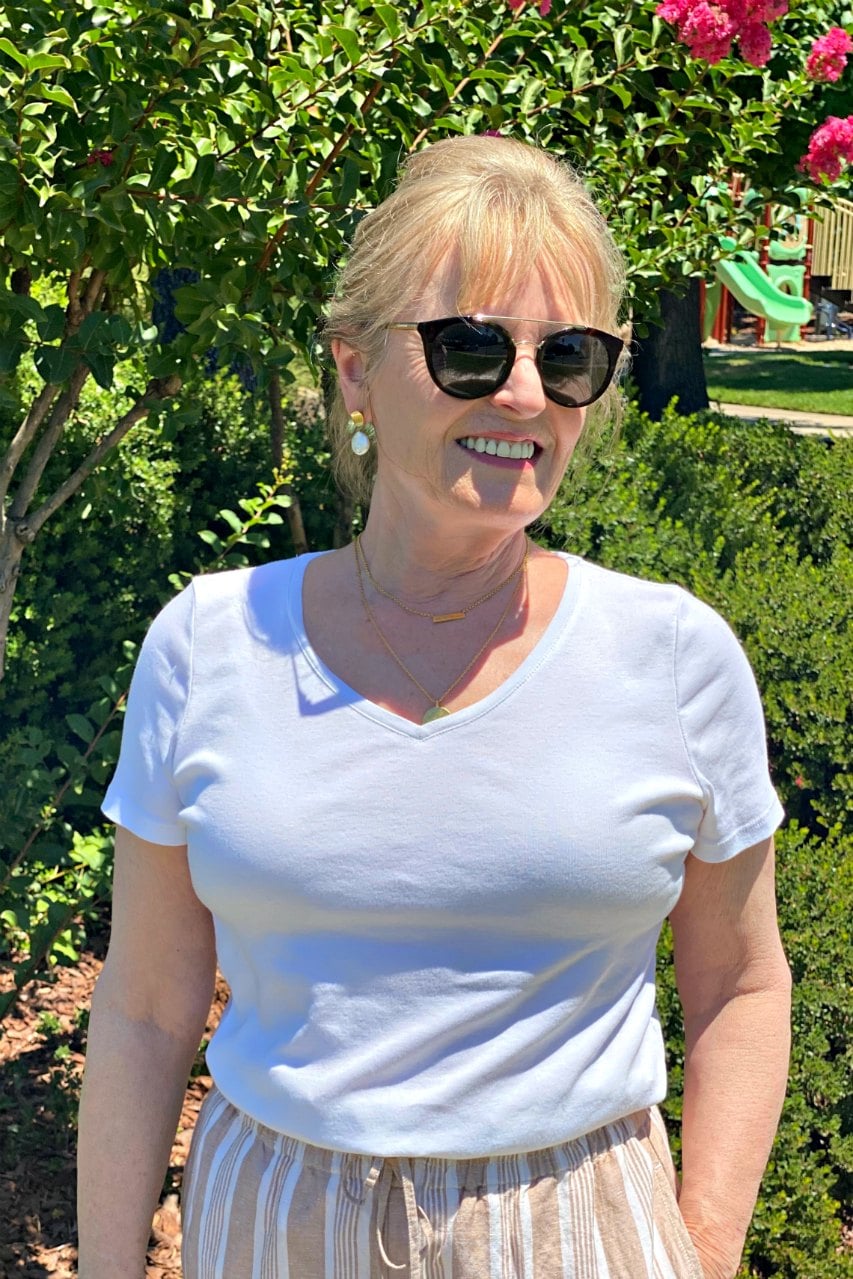 jennifer connolly wearign v-neck white tee fromTalbots