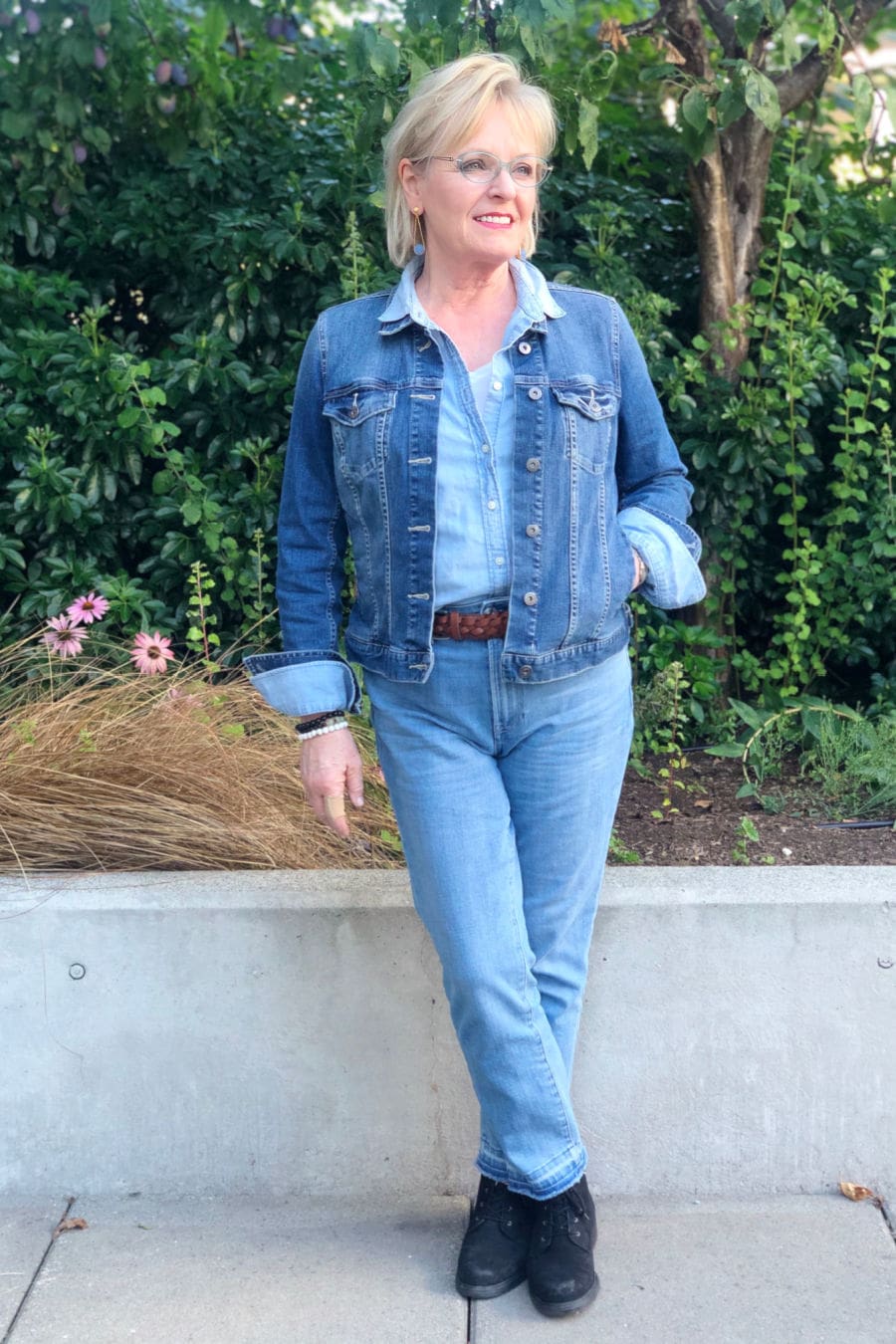 Fashion blogger A Well Styled Life wearing Canadian tuxedo from Talbots and Nordstrom
