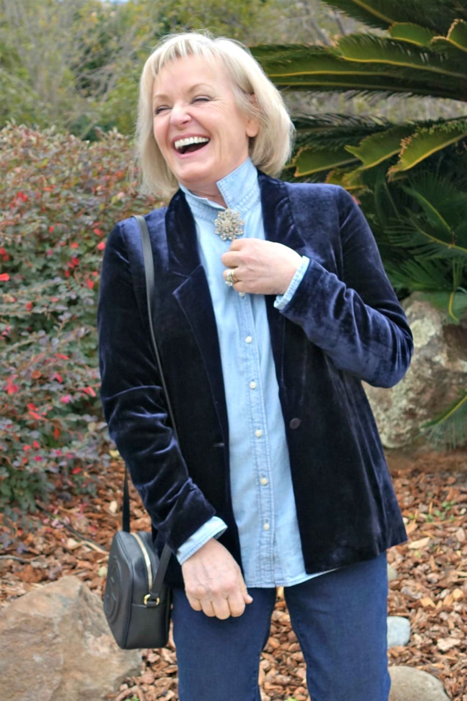 cahmbray shirt styled for fall with velvet jacket