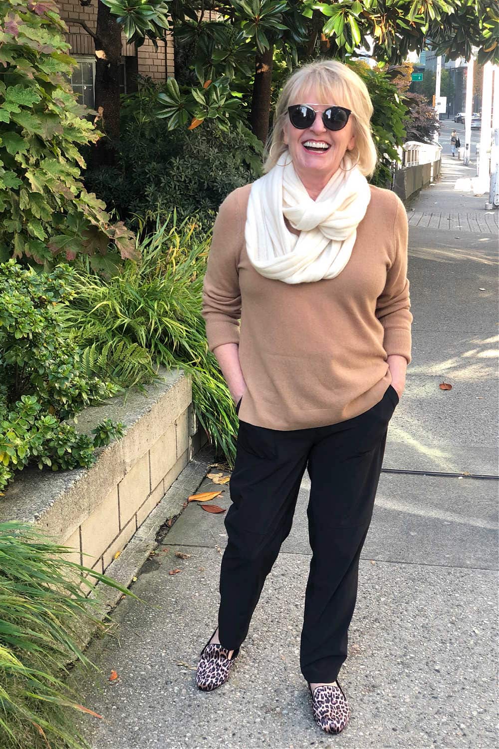 halogen cashmere scarf and sweater with caslon slippers and zella black pants