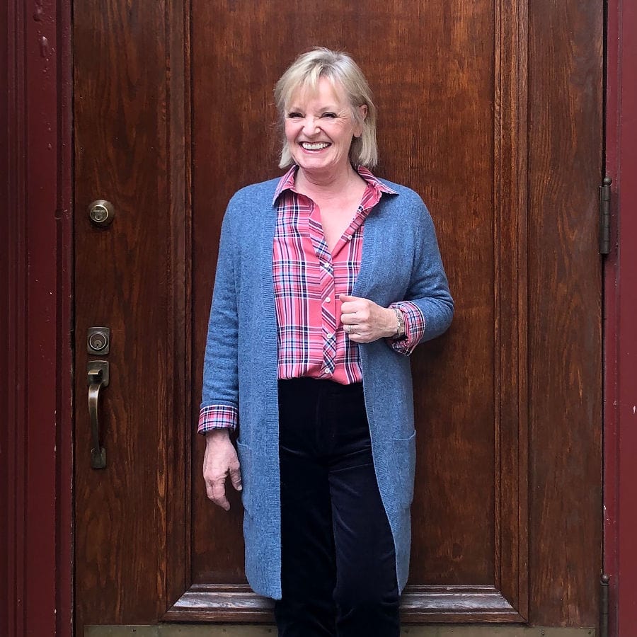 plaid shirt and blue cardigan on jennifer of a well styled life