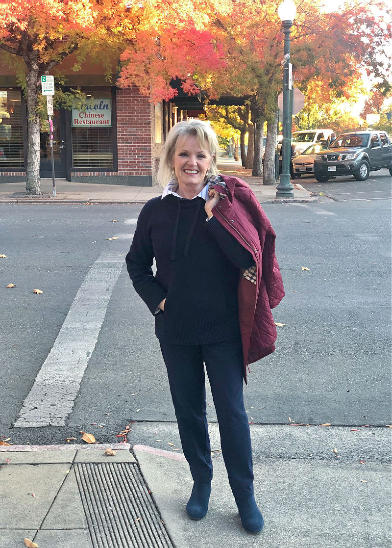 fashion blogger jennifer connolly of a well styled life wearing navy sweater, navy T Talbots yoga pants and navy suede boots from talbots