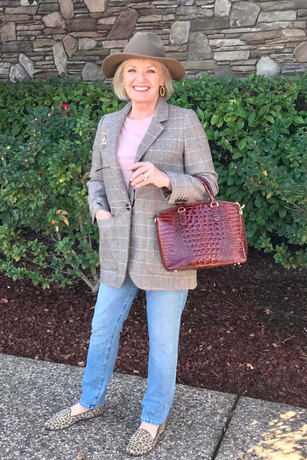 fashion blogger jennifer of a well styled life wearign taupe fedors and plaid blazer by Madewell