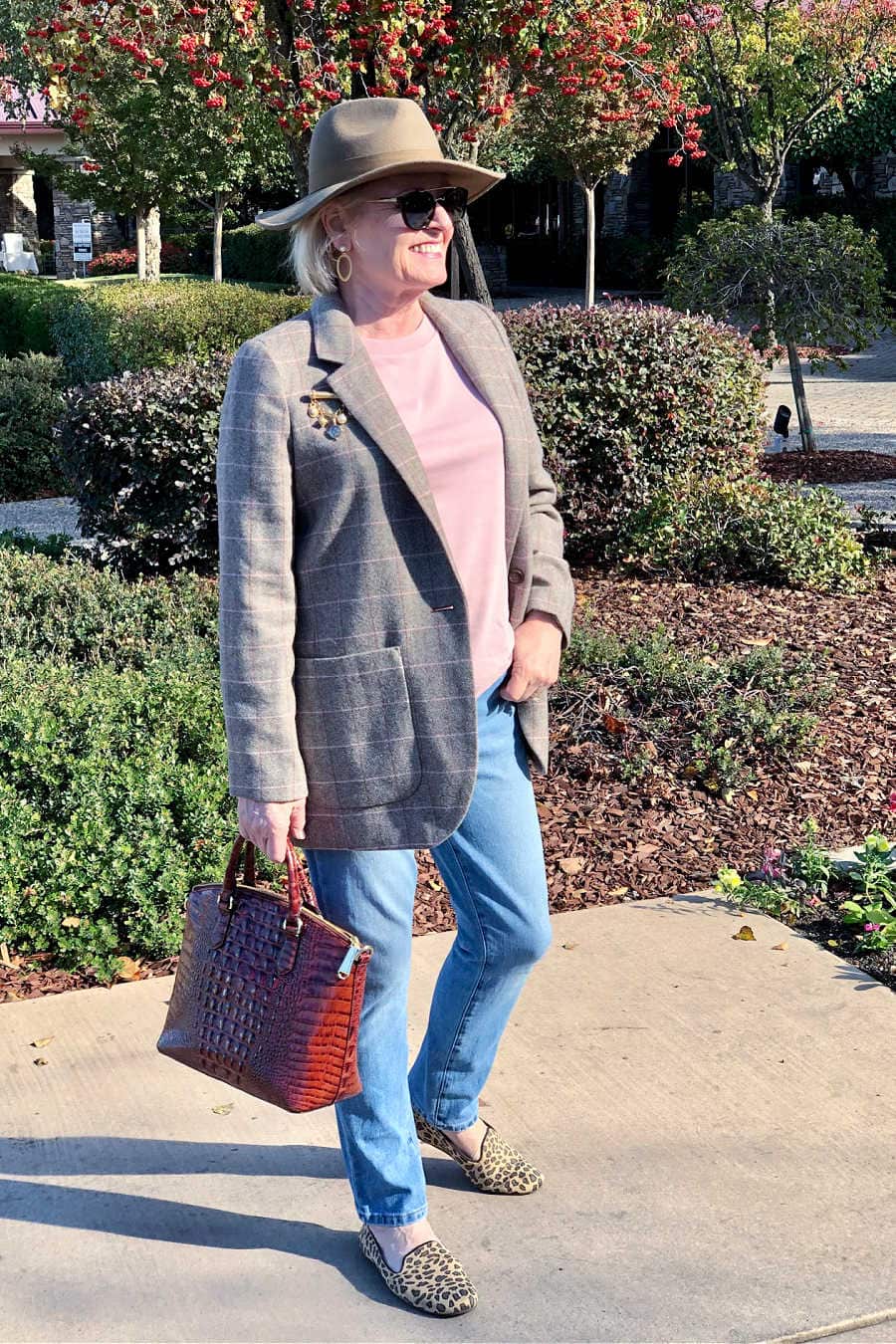 fashion blogger jennifer connolly of a well styled life wearing madewell hat, plaid blazer and jeans