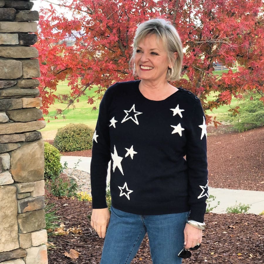 jennifer connolly of a well styled life wearing navy star sweater