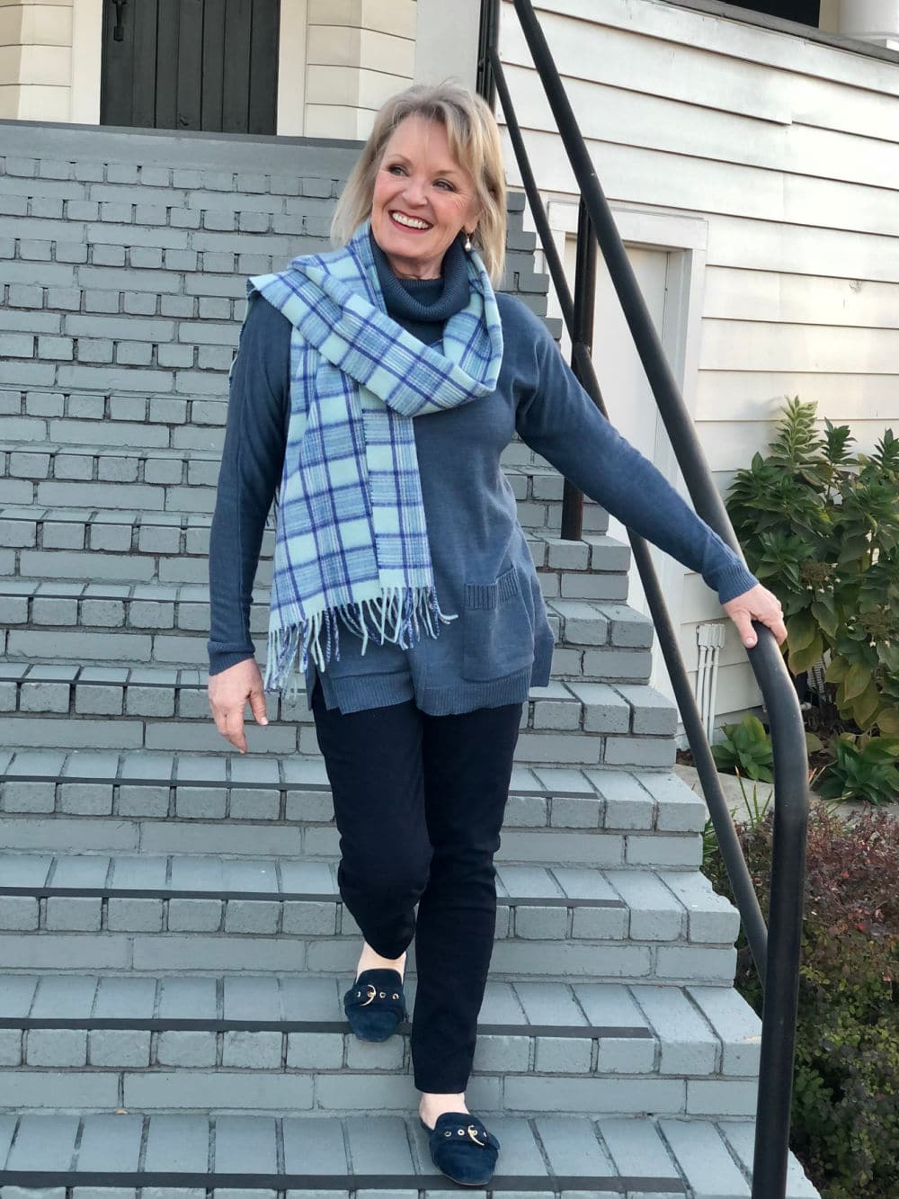 jennifer of a well styled life wearing talbots blue sweater and cashmere scarf