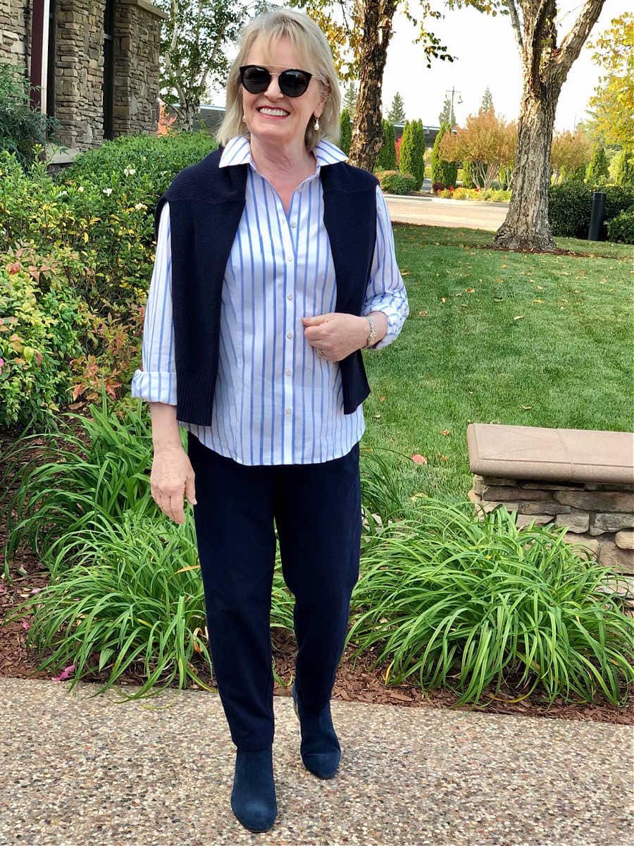 jennifer connolly of a well styled life wearign french stripe shirt and T Talbots pants