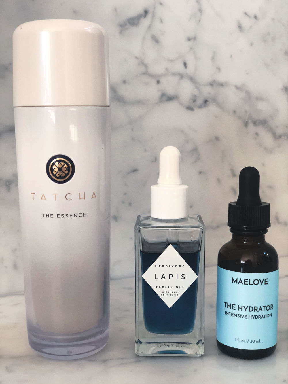 tatcha essence, herbivore oil, maelove hylauronic acid