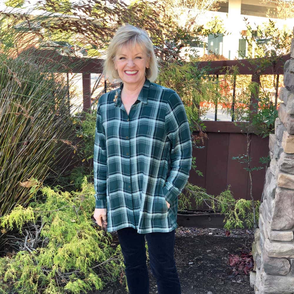 jennifer of a well styled life wearing plaid shirt from j jill