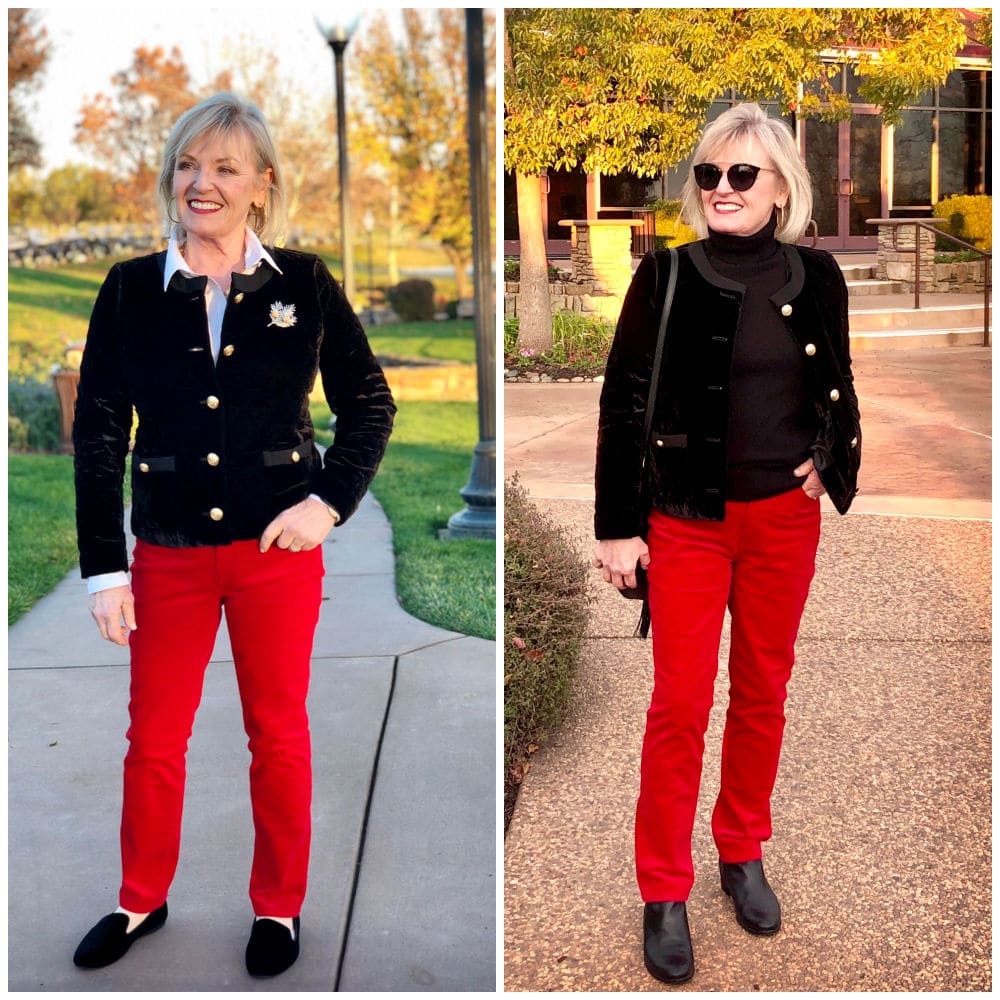 fashion blogger jennifer of a well styled life comparing two outfits side by side