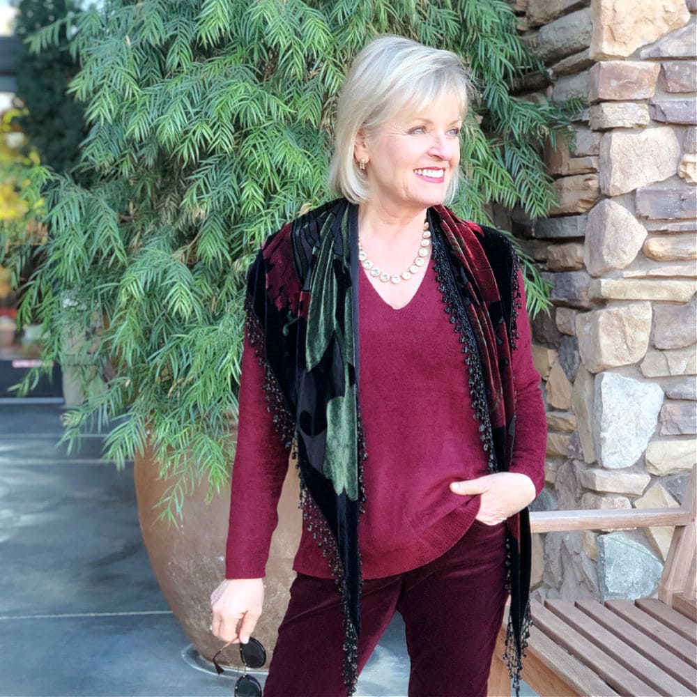 chenille sweater in burgundy worn by jennifer of a well styled life