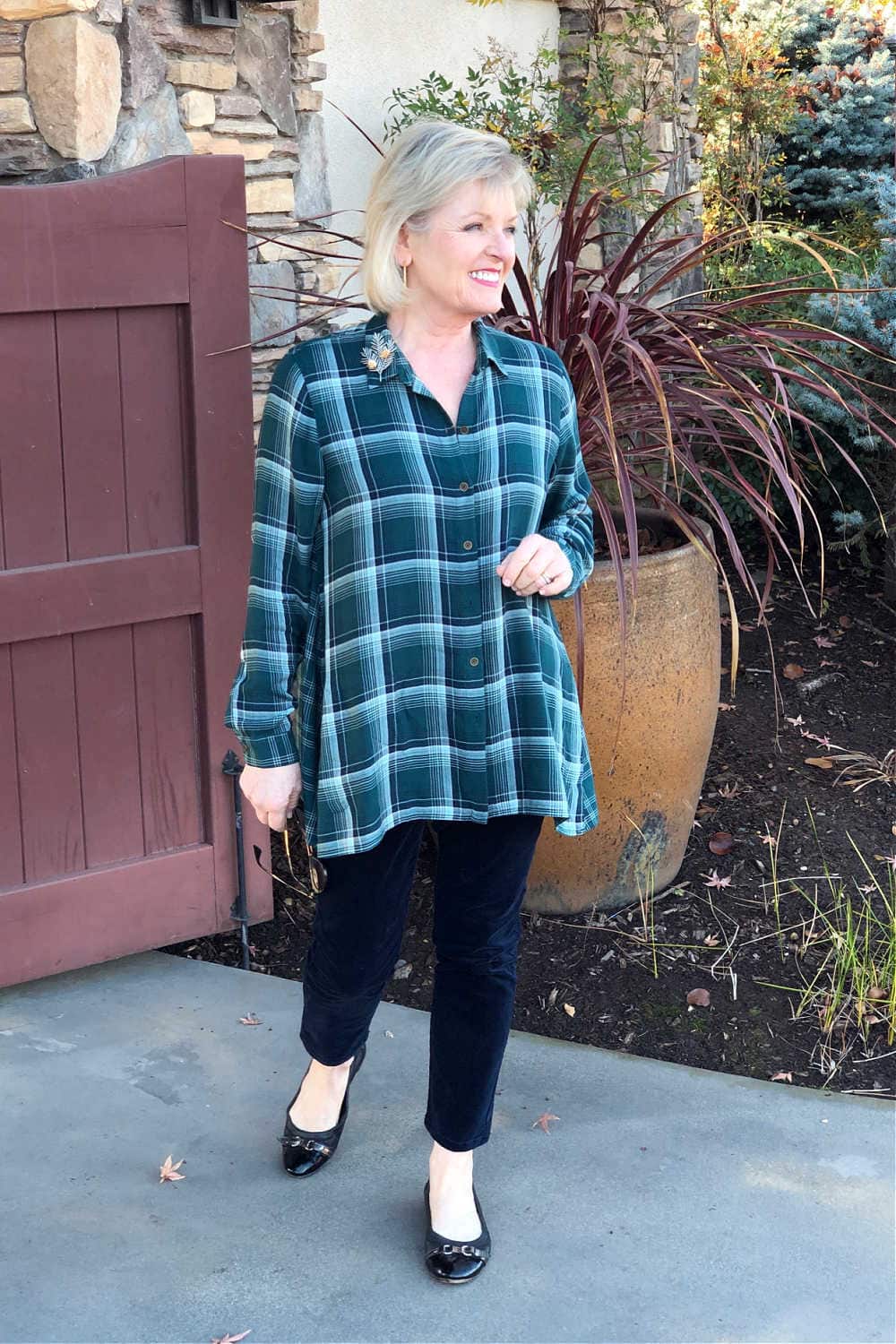 casual at-home holiday outfit of plaid shirt and nacy cords on jennifer of a well styled life