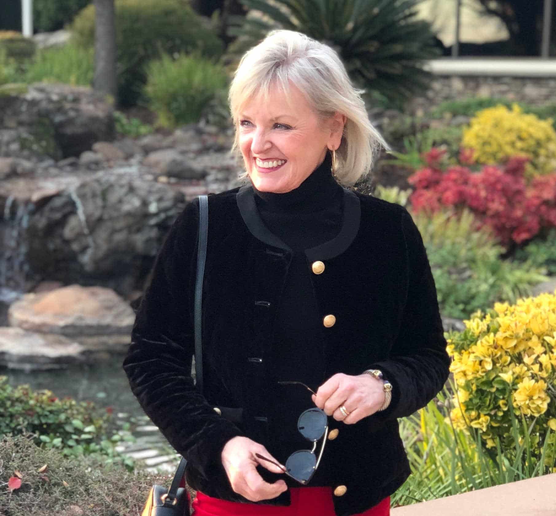 fashion blogger jennifer connolly of a well styled life wearing talbots quilted velvet jacket