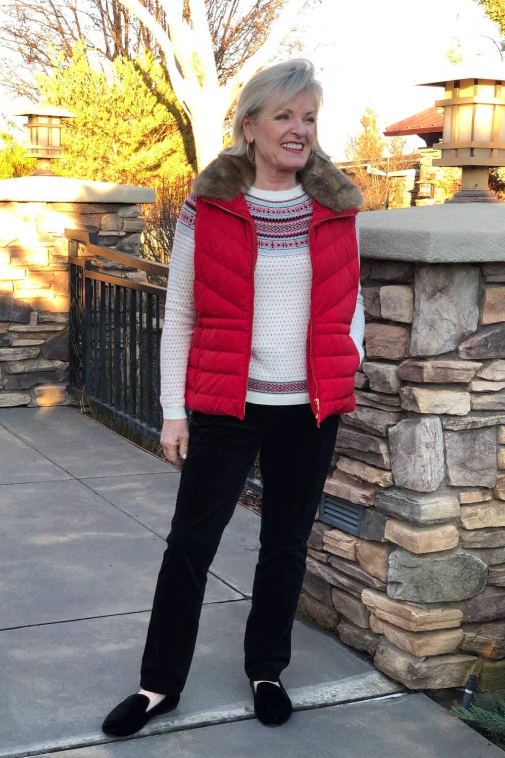 fashion blogger jennifer of a well styled life wearing talbots red puffer vest