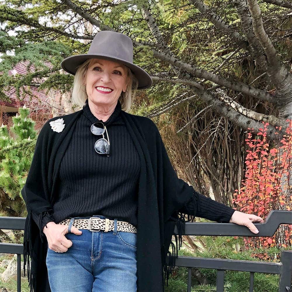 fashion blogger jennifer connolly wearing chico's coolmax turtleneck, leopard belt and brixton fedora