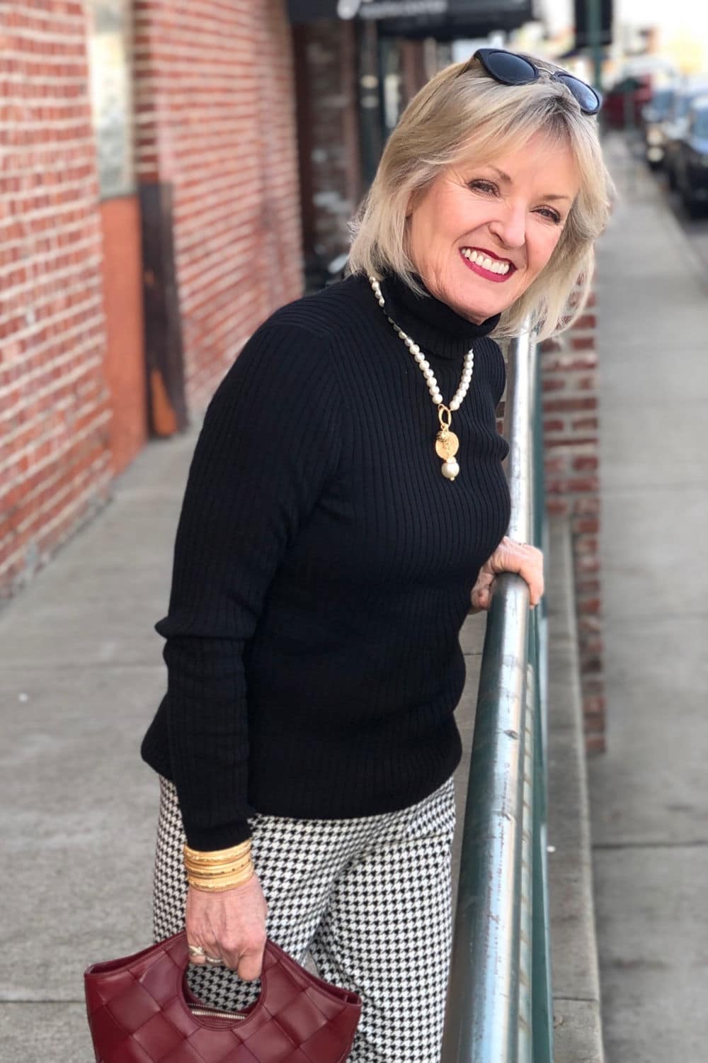 over 50 fahion blogger jennifer connolly wearing chicos coolmax turtleneck and houndstooth pants