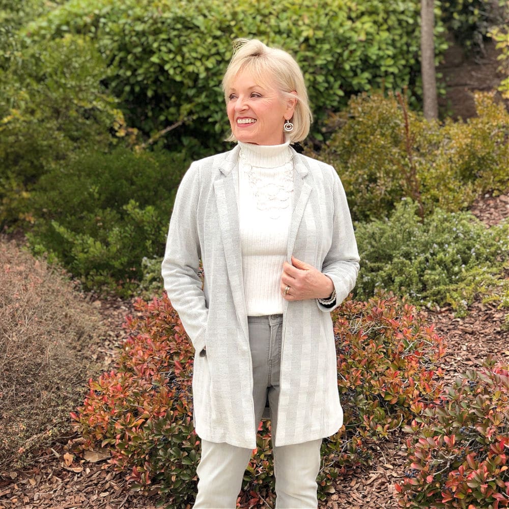 gray boyfriend blazsr and jeans from chico's worn by jennifer of a well styled life