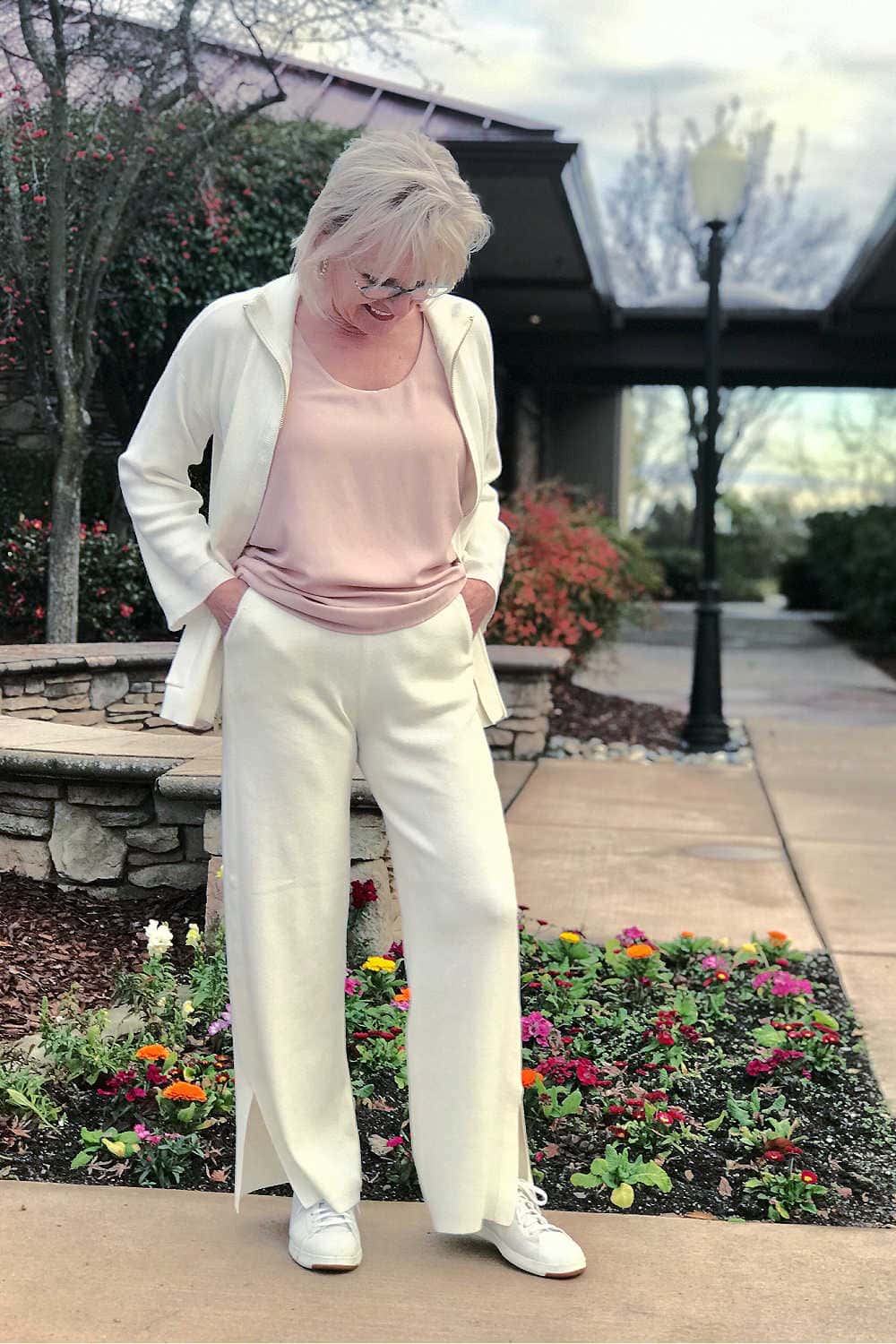 white sweater set worn by jennifer of a well styled life