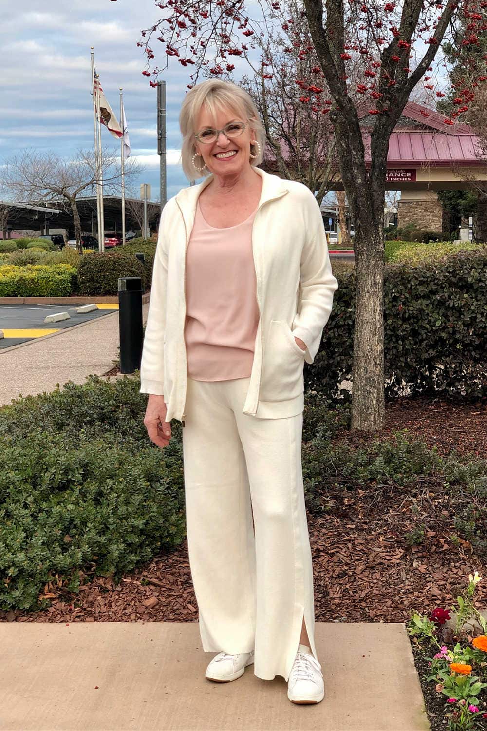 over 50 fashion blogger jennifer connolly of a well styled life wearing ivory cotton cashmere sweater set from chico's