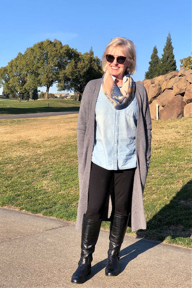 fashion blogger Jennifer of a well styled life wearing Talbots soho leggings and cashmere duster sweater