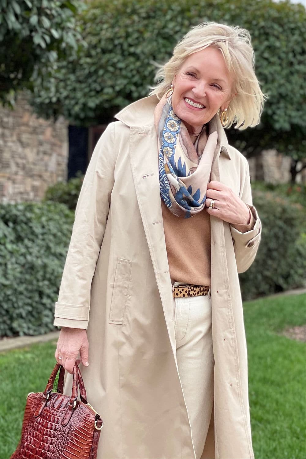 woman wearing sabina savage scarf and loft coat