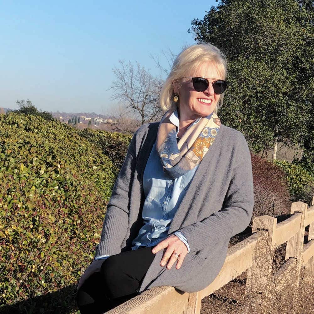 fashion blogger jennifer connolly of a well styled life wearing sabina savage scarf and gray sweater