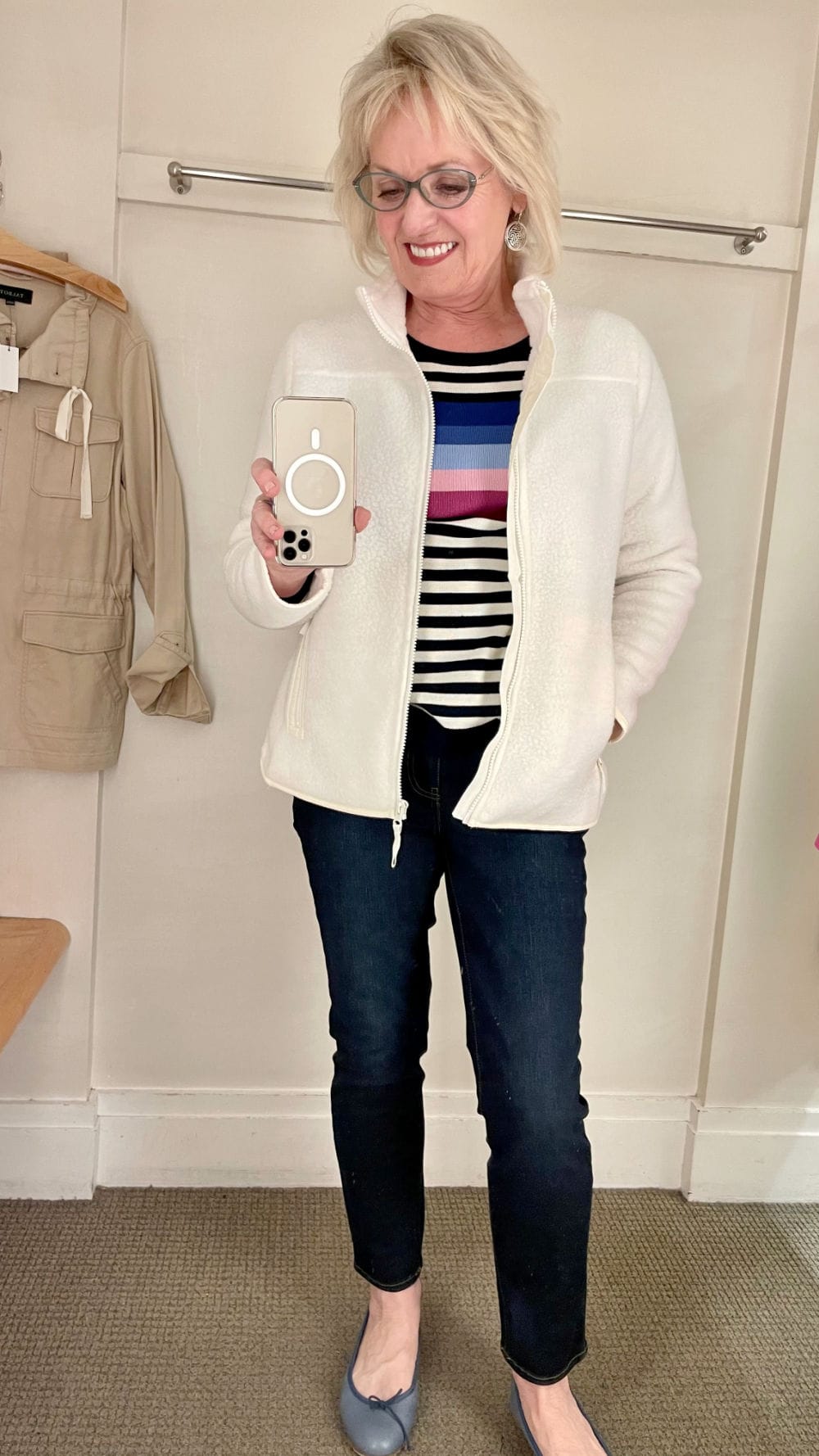 ivory T talbots jacket over navy terry pants