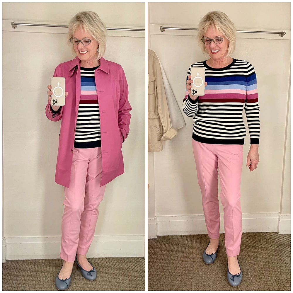 side by side photo of pink pants and striped sweater