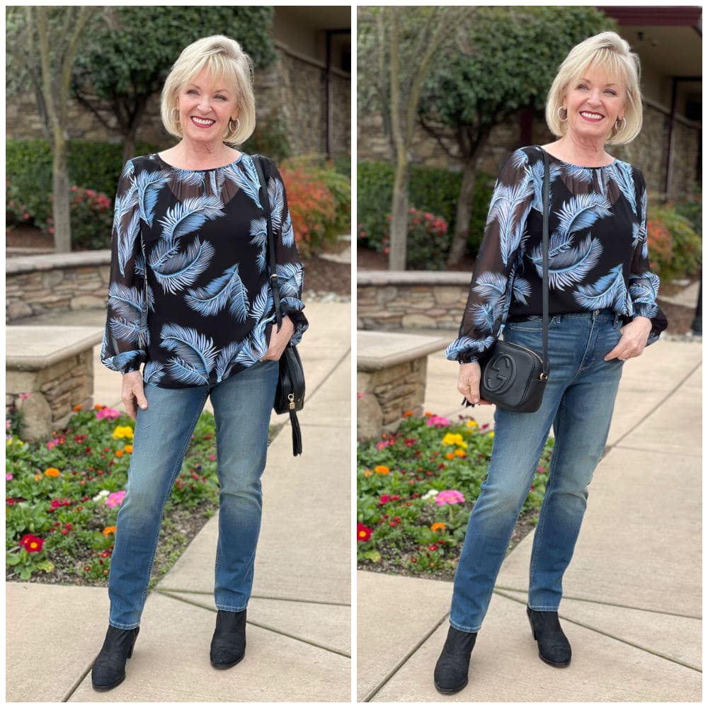 side by side of sheer blouse tucked and untucked