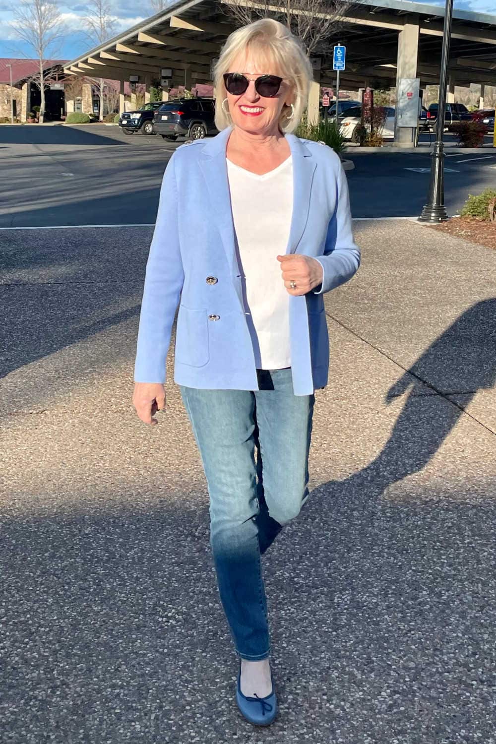 jennifer of well styled life showing why a double breasted jacket looks wrrong on her shape