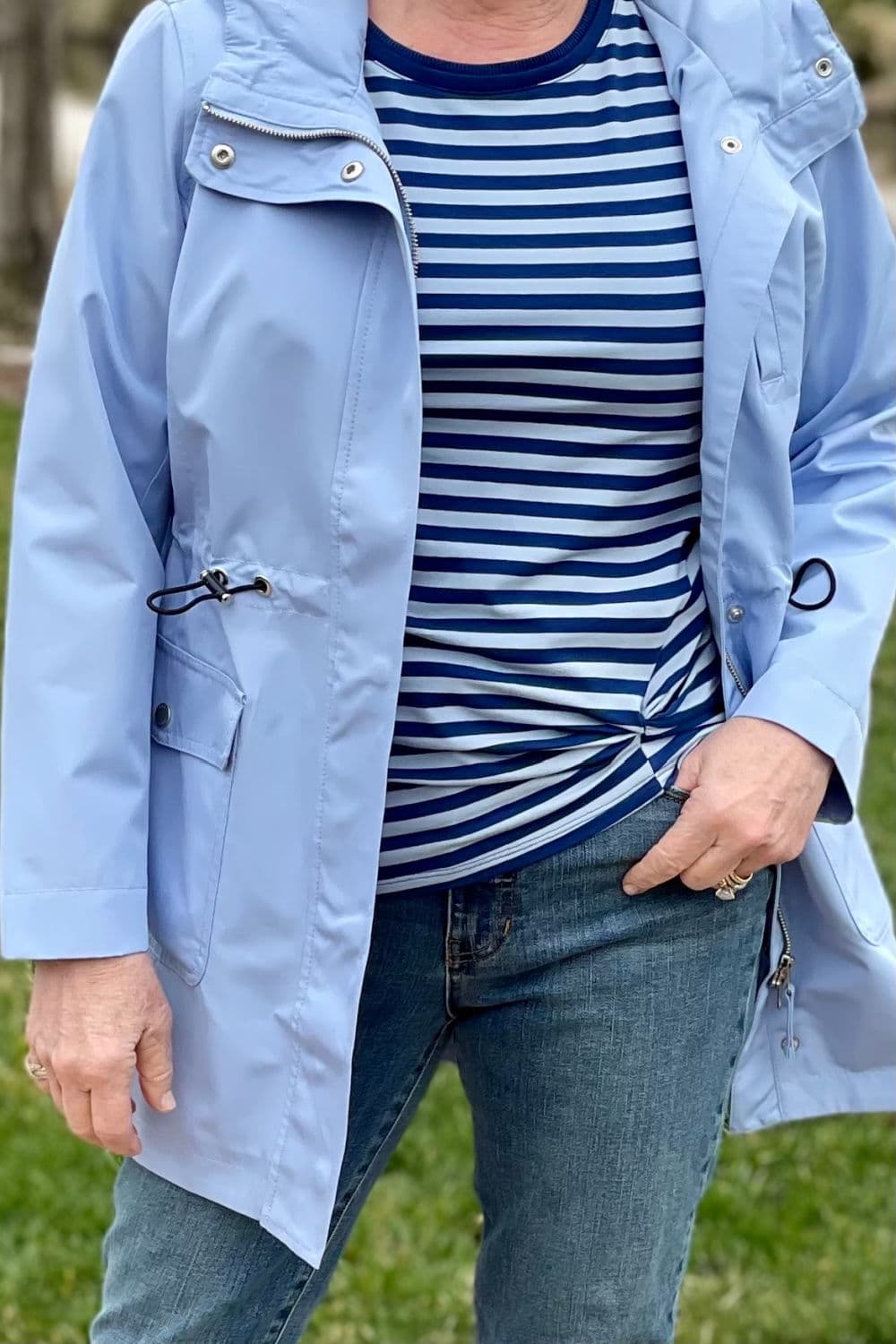 close up detail of blue striped tee
