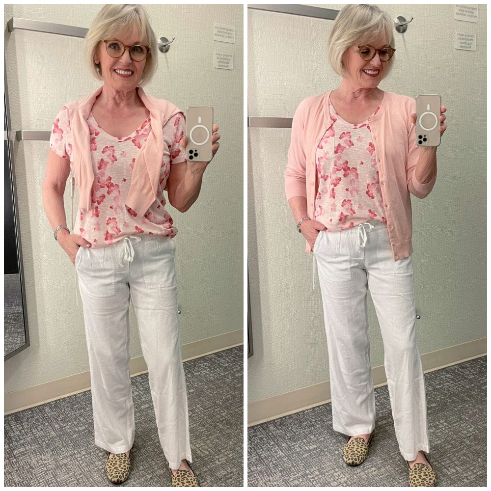 WOMAN WEARING TWO VERSIONS OF THE SAME OUTFIT WITH PEACH CARDIGAN AND WHITE LINEN PANTS