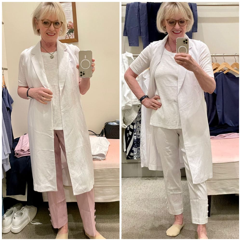 woman in dressing room showing two outfits with same white vest