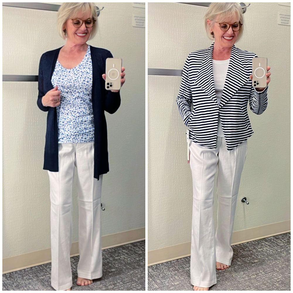 woman wearing side by side versions of white linen pant outfit.