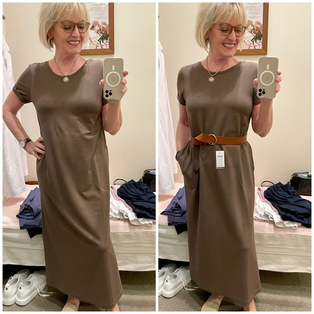 woman showing long dress belted and unbelted