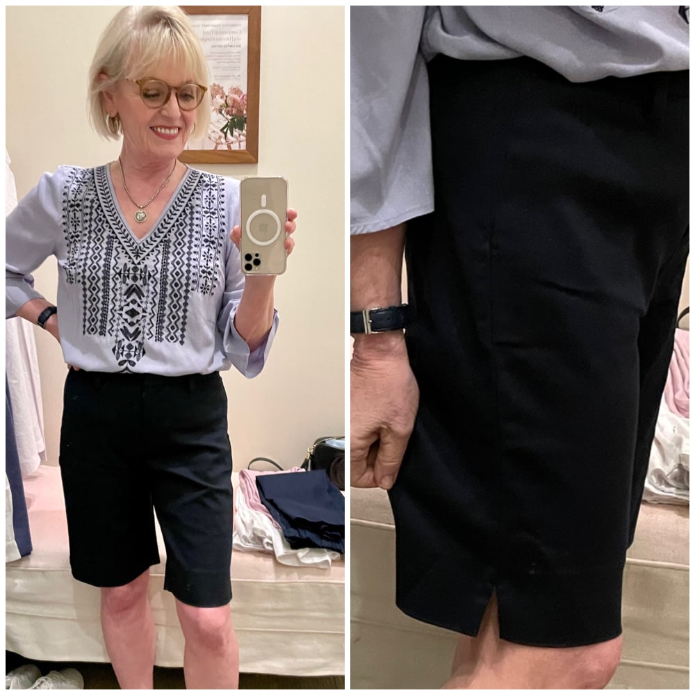 WOMAN WEARING J JILL NAVY SHORTS WITH EMBROIDERED TOP