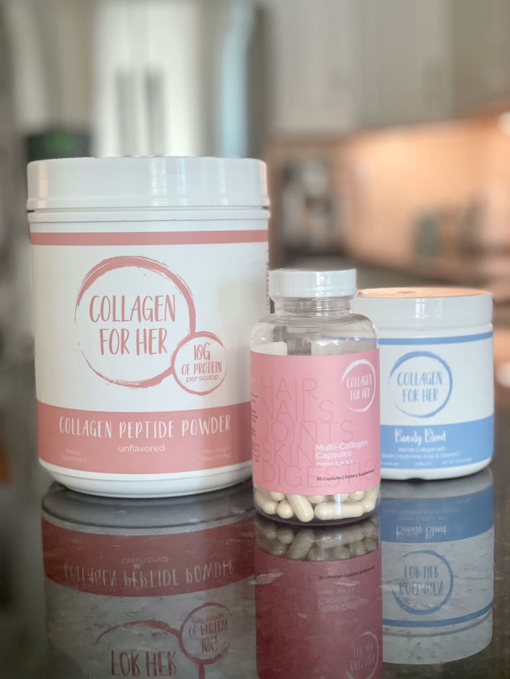 3 bottles of collagen for her on kitchen counter