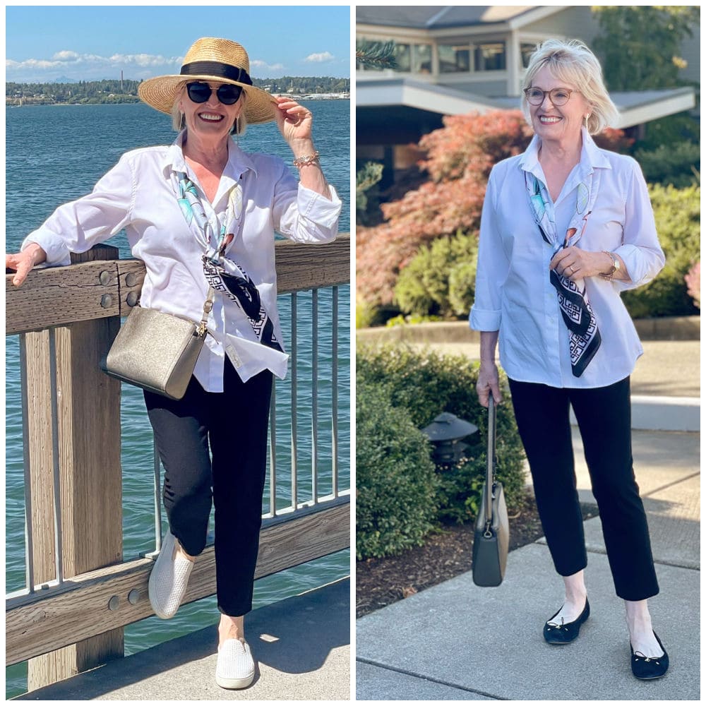 woman wearing white shirt and navy pants on dock and in front of hotel