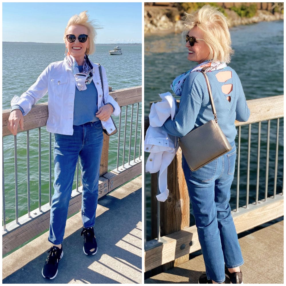 two images of woman front and back in jeans standing on dock