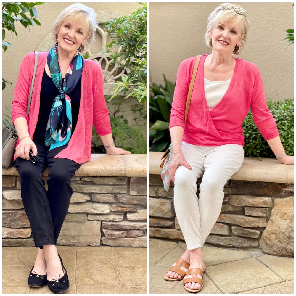 showing side by side image ot a pink sweater with white jeans and black jeans