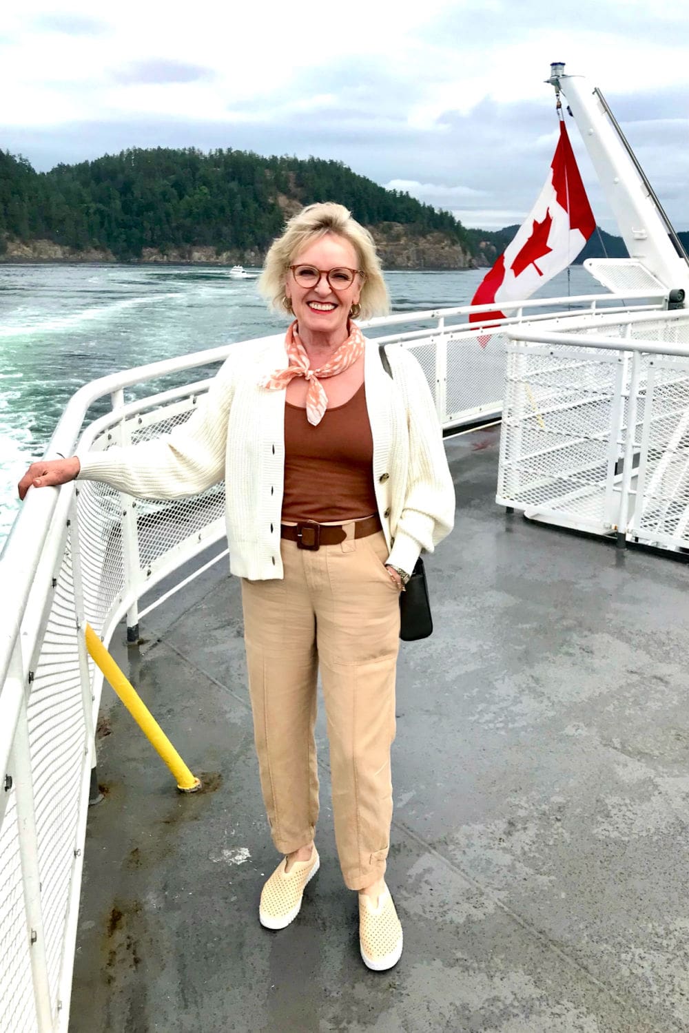 women wearing feminine cargo pants and sweater on ferry