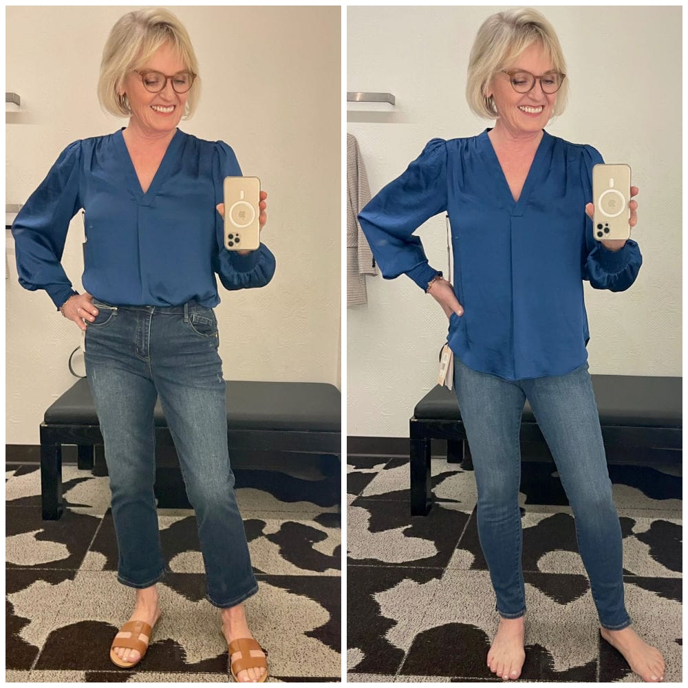 woman showing two ways to way blue blouse and leggings