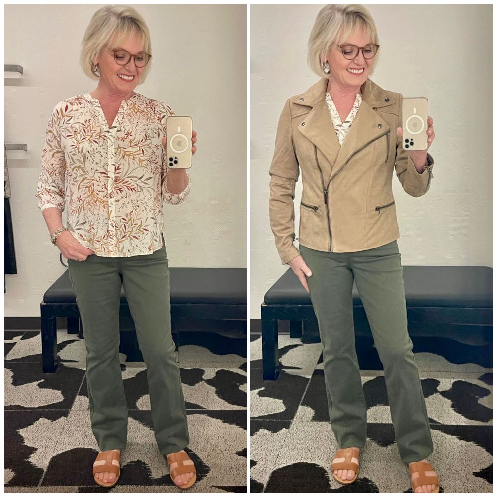 over 50 blogger styling casual fall oufit of pretty blouse, jacket and jeans