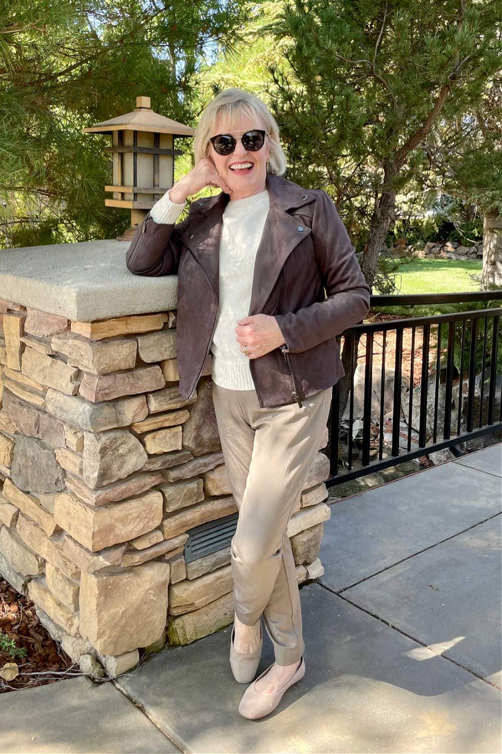 jennifer connolly wearing faux suede moto jacket outfit